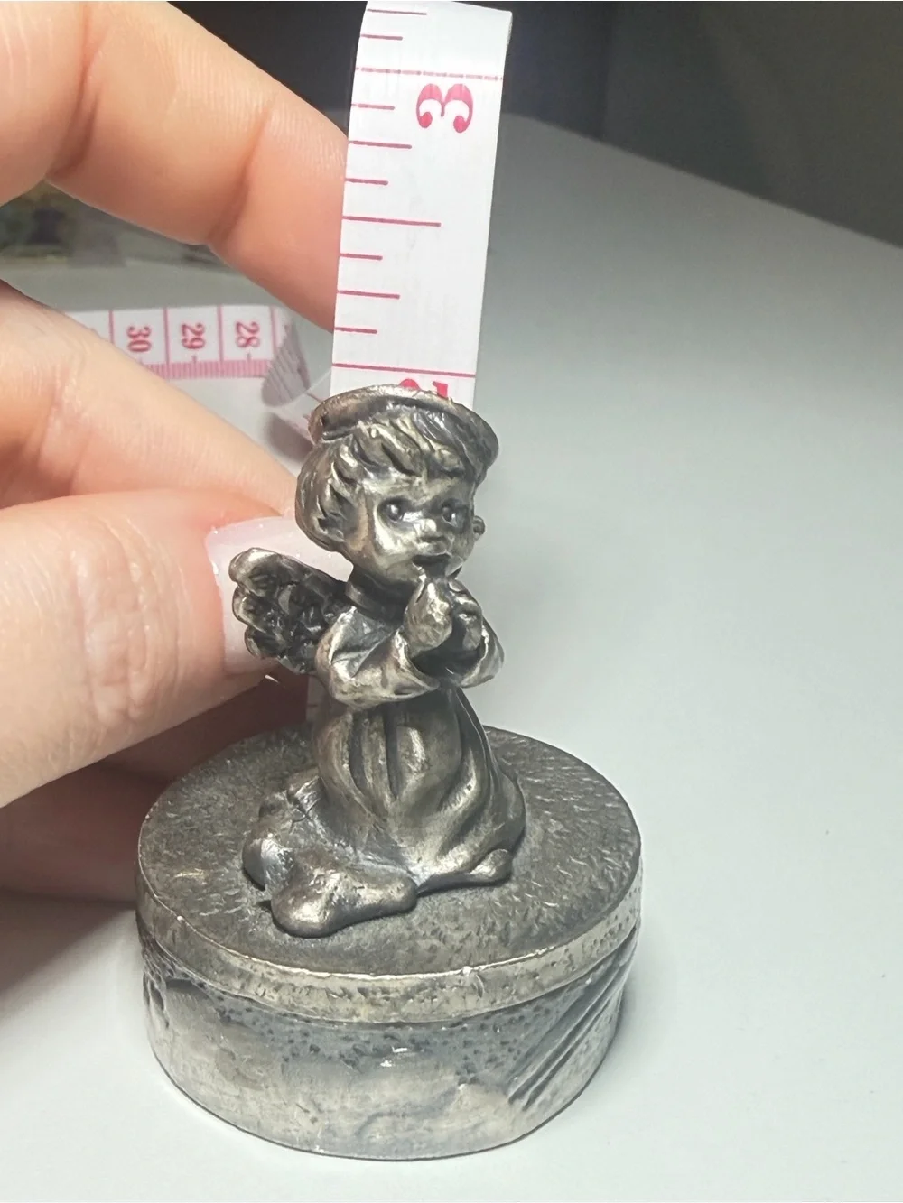 Pewter Tooth Fairy Angel Trinket Box Rhinestone Halo Vintage